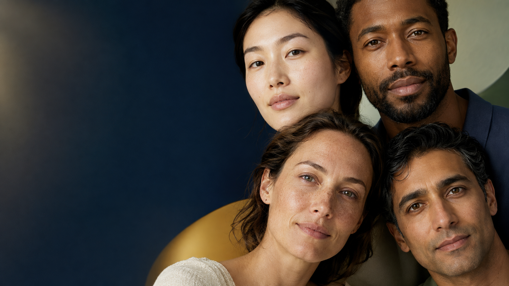 Four adults with varied skin tones and natural skin texture